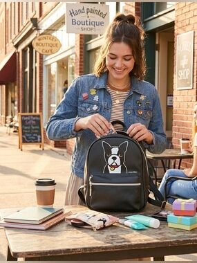 Marc Tetro NWOT Boston Terrier Mini
Backpack Black Dog Print rare find! 
10 x 7